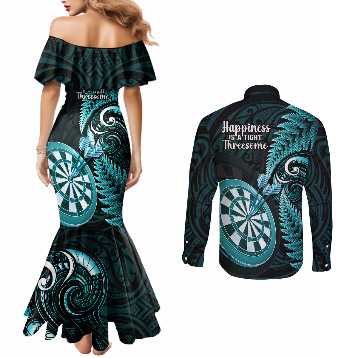 new-zealand-darts-couples-matching-mermaid-dress-and-long-sleeve-button-shirts-happiness-is-a-tight-threesome-maori-turquoise