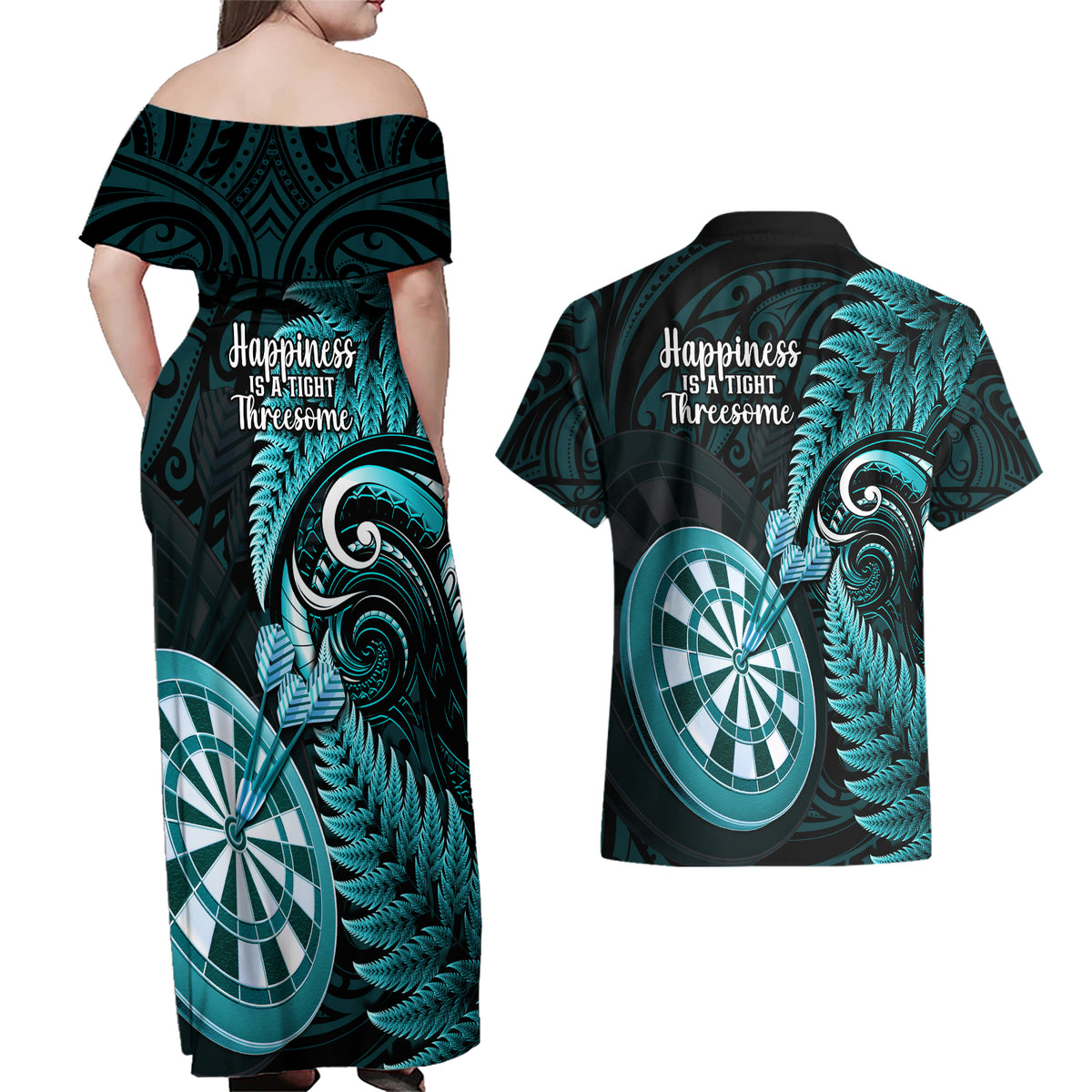 new-zealand-darts-couples-matching-off-shoulder-maxi-dress-and-hawaiian-shirt-happiness-is-a-tight-threesome-maori-turquoise