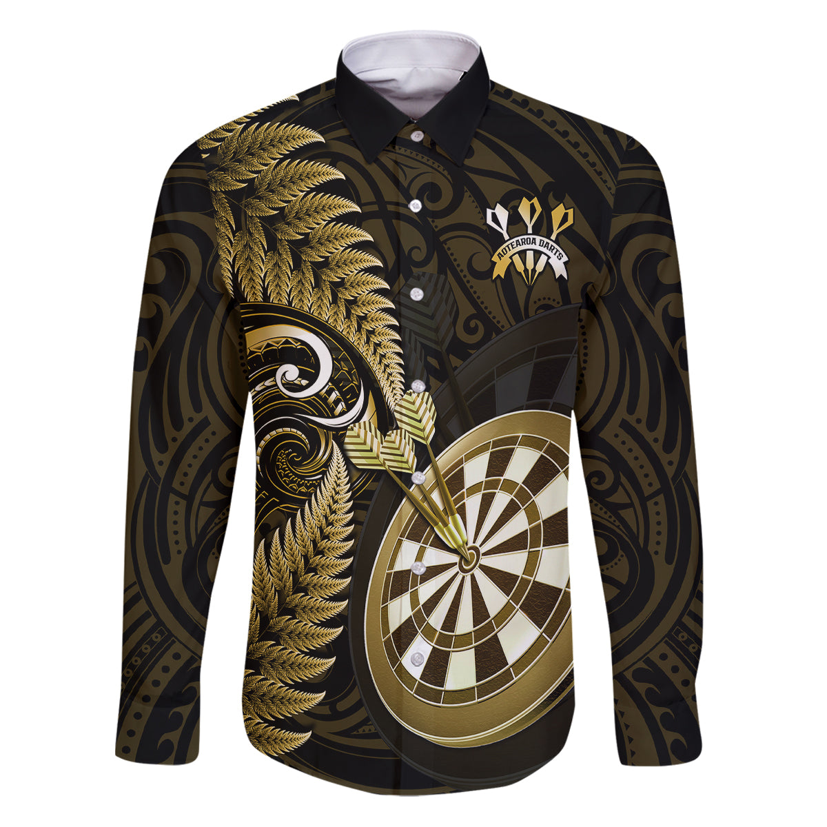 Personalised New Zealand Darts Family Matching Puletasi Dress and Hawaiian Shirt Happiness Is A Tight Threesome Maori Gold LT14 Dad's Shirt - Long Sleeve Gold - Polynesian Pride