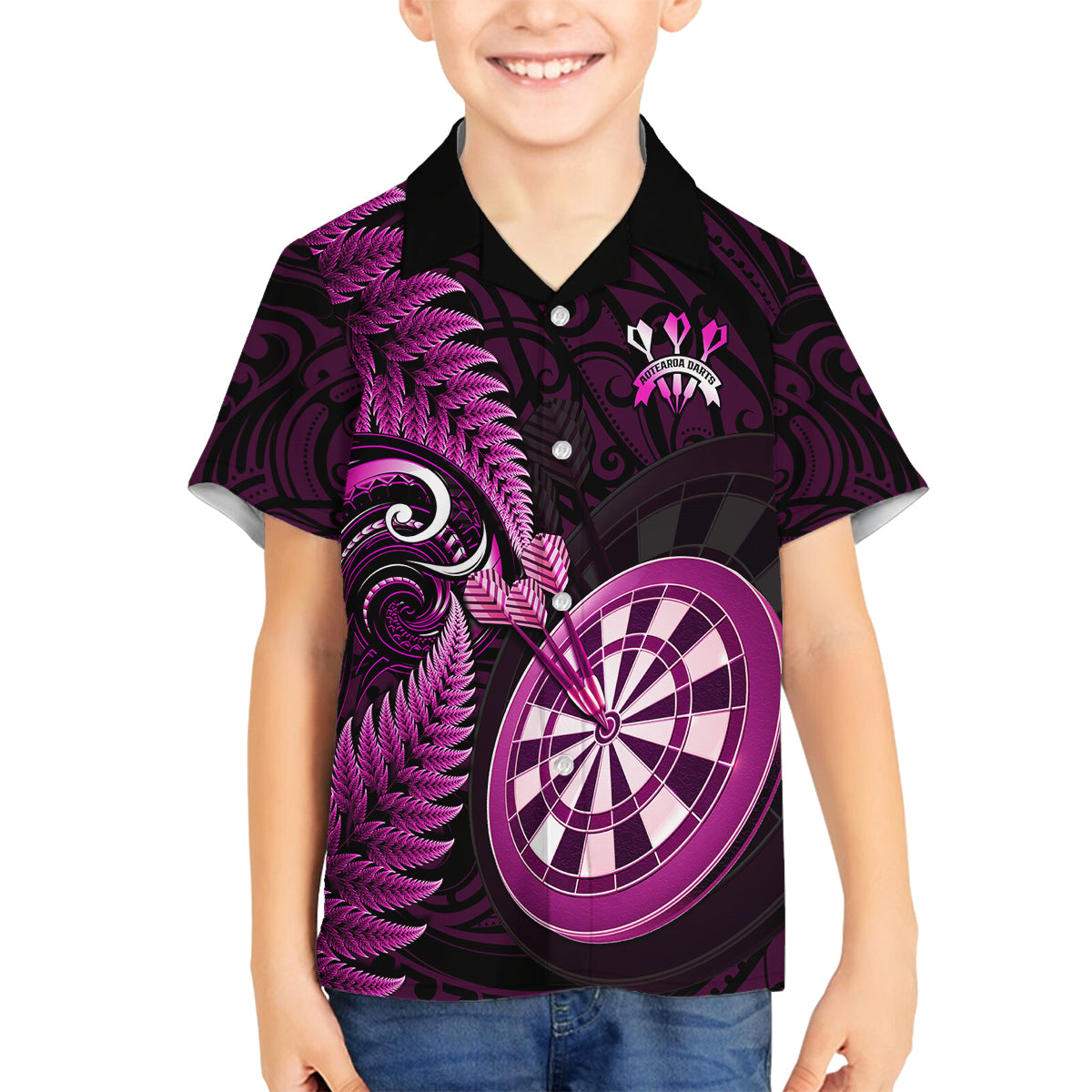 New Zealand Darts Family Matching Off Shoulder Maxi Dress and Hawaiian Shirt Happiness Is A Tight Threesome Maori Pink LT14 Son's Shirt Pink - Polynesian Pride