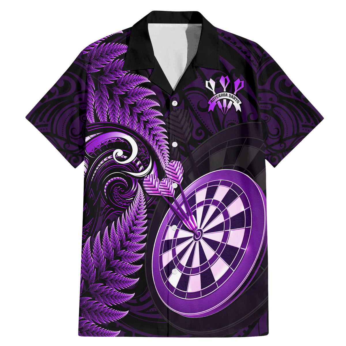 New Zealand Darts Family Matching Mermaid Dress and Hawaiian Shirt Happiness Is A Tight Threesome Maori Purple LT14 Dad's Shirt - Short Sleeve Purple - Polynesian Pride