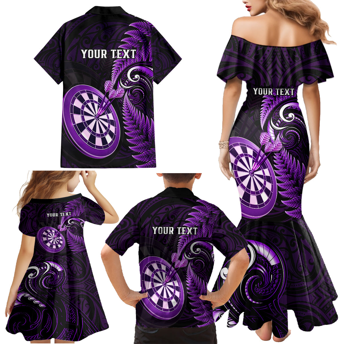 Personalised New Zealand Darts Family Matching Mermaid Dress and Hawaiian Shirt Happiness Is A Tight Threesome Maori Purple LT14 - Polynesian Pride