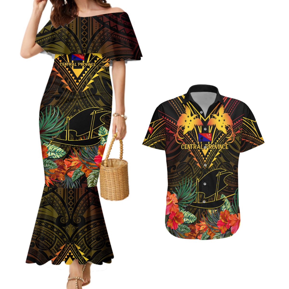 Papua New Guinea Central Province Couples Matching Mermaid Dress and Hawaiian Shirt Papua Niugini Coat Of Arms With Flag Style LT14 Black - Polynesian Pride
