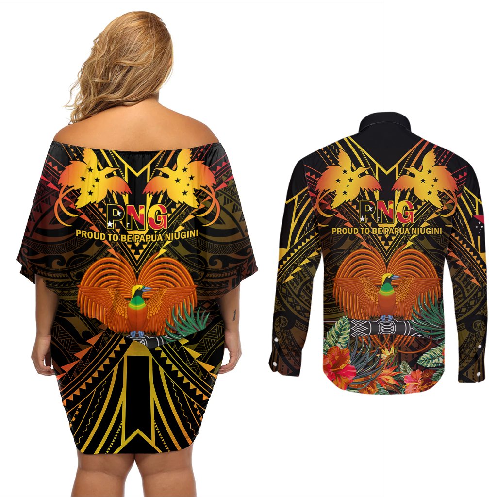 Papua New Guinea Central Province Couples Matching Off Shoulder Short Dress and Long Sleeve Button Shirts Papua Niugini Coat Of Arms With Flag Style LT14 - Polynesian Pride