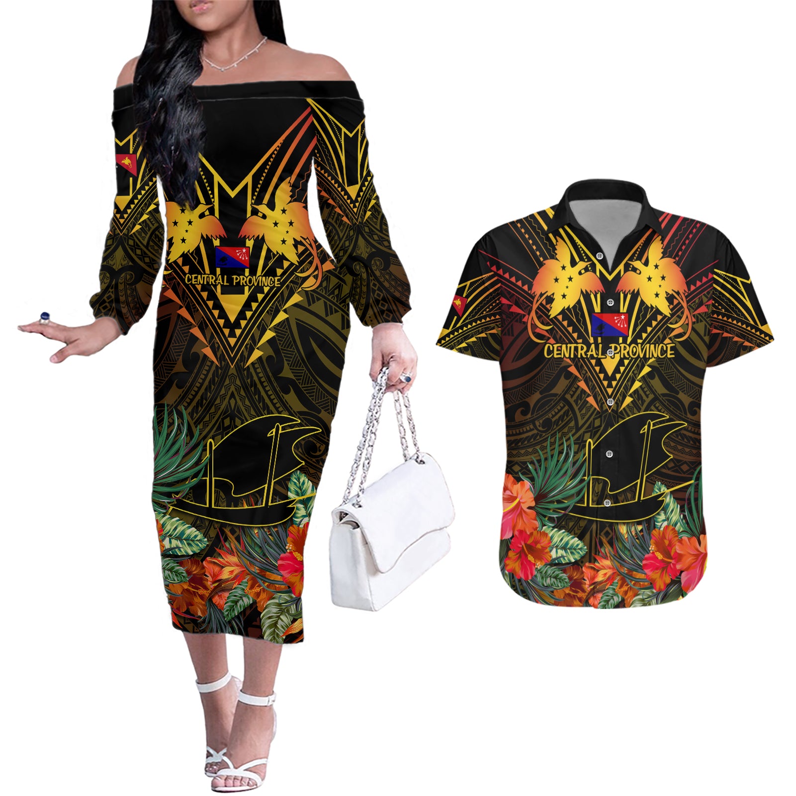 Papua New Guinea Central Province Couples Matching Off The Shoulder Long Sleeve Dress and Hawaiian Shirt Papua Niugini Coat Of Arms With Flag Style LT14 Black - Polynesian Pride