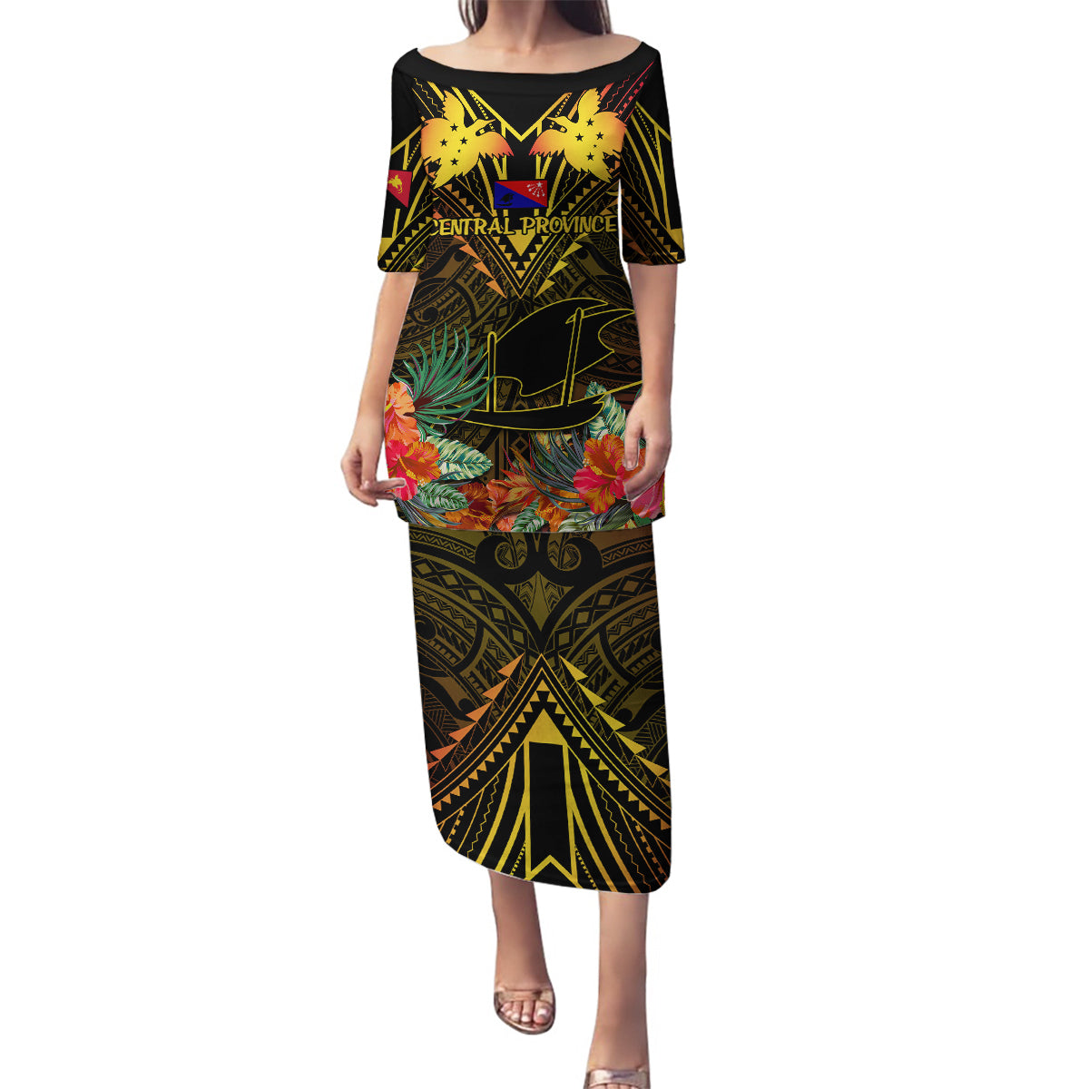 Papua New Guinea Central Province Family Matching Puletasi Dress and Hawaiian Shirt Papua Niugini Coat Of Arms With Flag Style LT14 Mom's Dress Black - Polynesian Pride