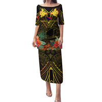 Papua New Guinea Central Province Family Matching Puletasi Dress and Hawaiian Shirt Papua Niugini Coat Of Arms With Flag Style LT14 Mom's Dress Black - Polynesian Pride