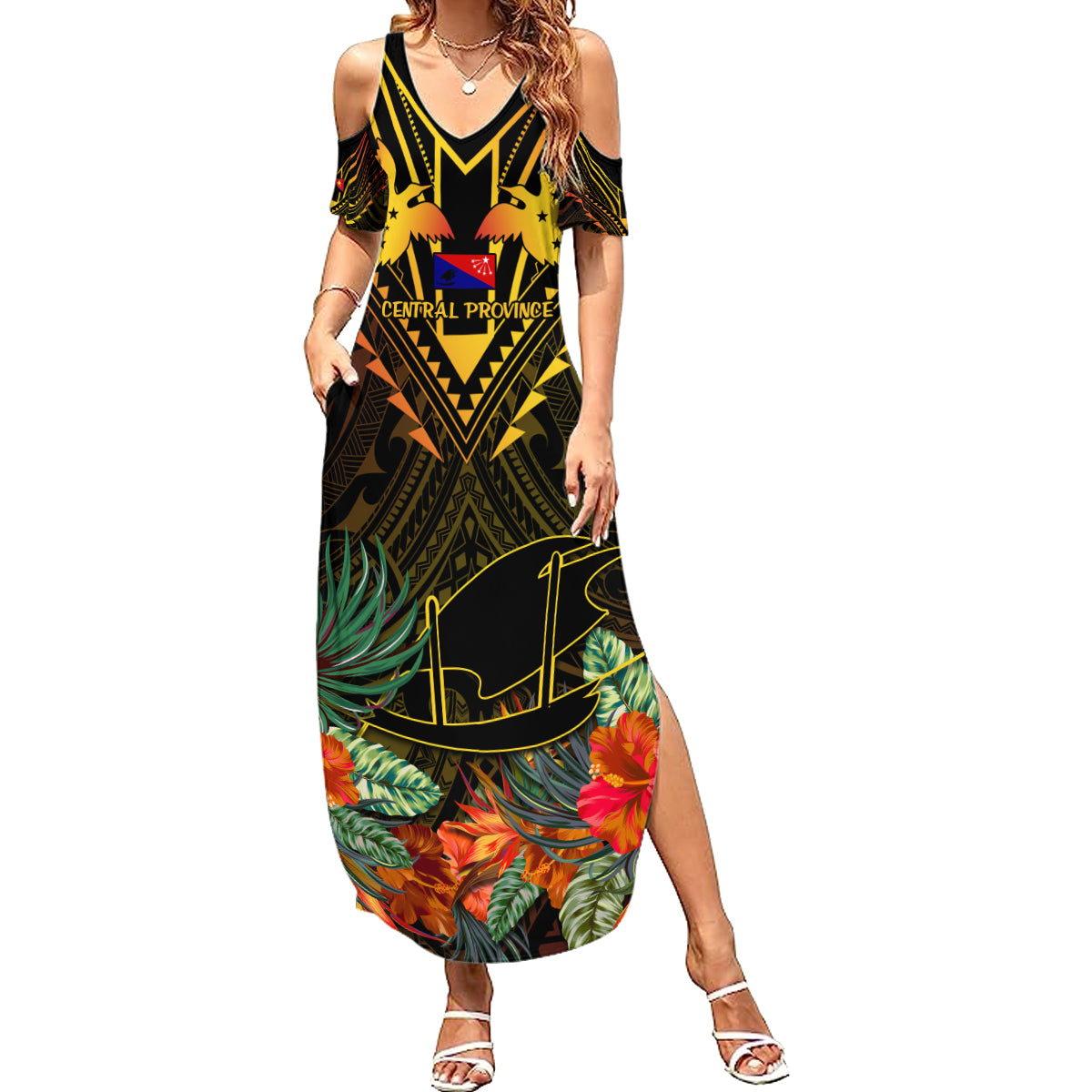Papua New Guinea Central Province Family Matching Summer Maxi Dress and Hawaiian Shirt Papua Niugini Coat Of Arms With Flag Style LT14 Mom's Dress Black - Polynesian Pride