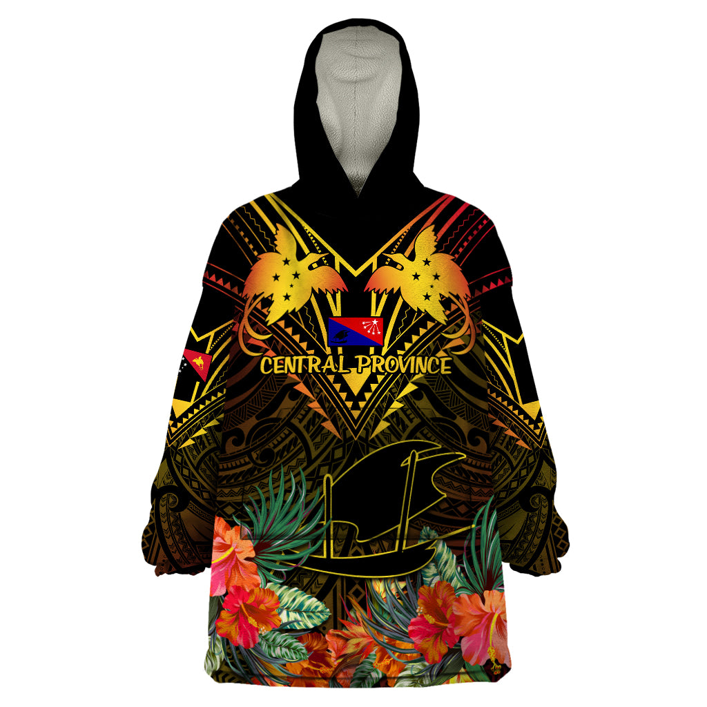 Papua New Guinea Central Province Wearable Blanket Hoodie Papua Niugini Coat Of Arms With Flag Style LT14 One Size Black - Polynesian Pride