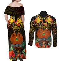 Papua New Guinea Chimbu Province Couples Matching Off Shoulder Maxi Dress and Long Sleeve Button Shirts Papua Niugini Coat Of Arms With Flag Style LT14 - Polynesian Pride