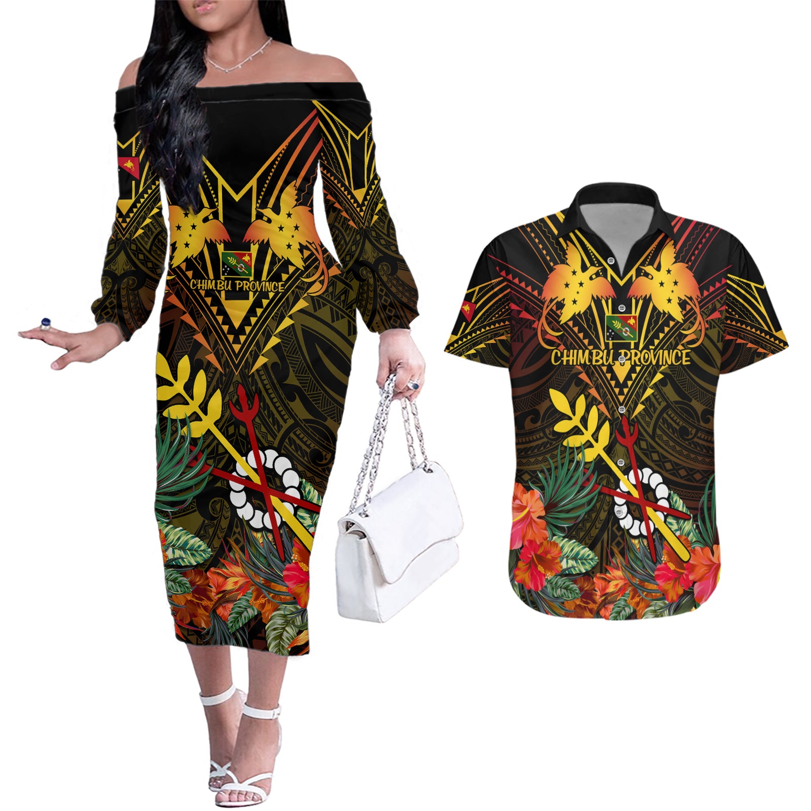 Papua New Guinea Chimbu Province Couples Matching Off The Shoulder Long Sleeve Dress and Hawaiian Shirt Papua Niugini Coat Of Arms With Flag Style LT14 Black - Polynesian Pride