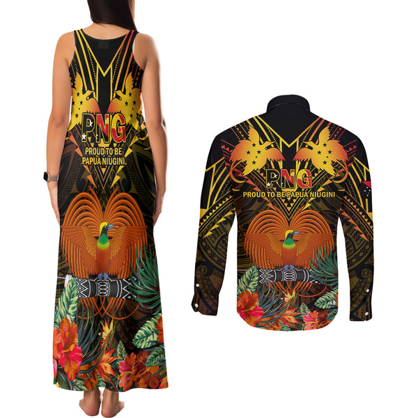 Papua New Guinea Southern Highlands Province Couples Matching Summer Maxi Dress and Long Sleeve Button Shirts PNG Birds Of Paradise Polynesian Arty Style LT03 main image 1