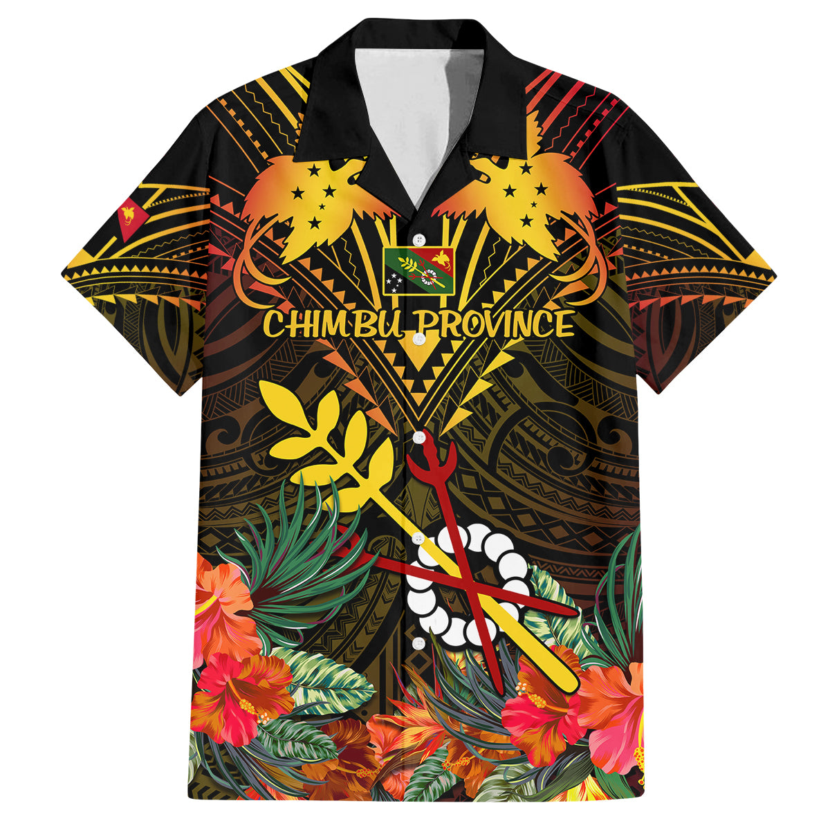 Papua New Guinea Chimbu Province Family Matching Off Shoulder Long Sleeve Dress and Hawaiian Shirt Papua Niugini Coat Of Arms With Flag Style LT14 Dad's Shirt - Short Sleeve Black - Polynesian Pride