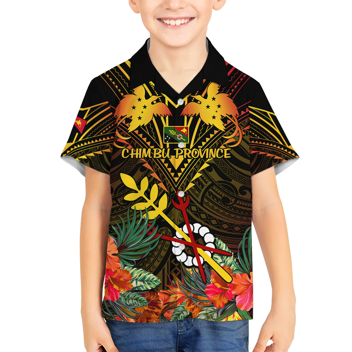 Papua New Guinea Chimbu Province Family Matching Puletasi Dress and Hawaiian Shirt Papua Niugini Coat Of Arms With Flag Style LT14 Son's Shirt Black - Polynesian Pride