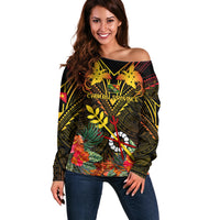 Papua New Guinea Chimbu Province Off Shoulder Sweater Papua Niugini Coat Of Arms With Flag Style LT14 Women Black - Polynesian Pride