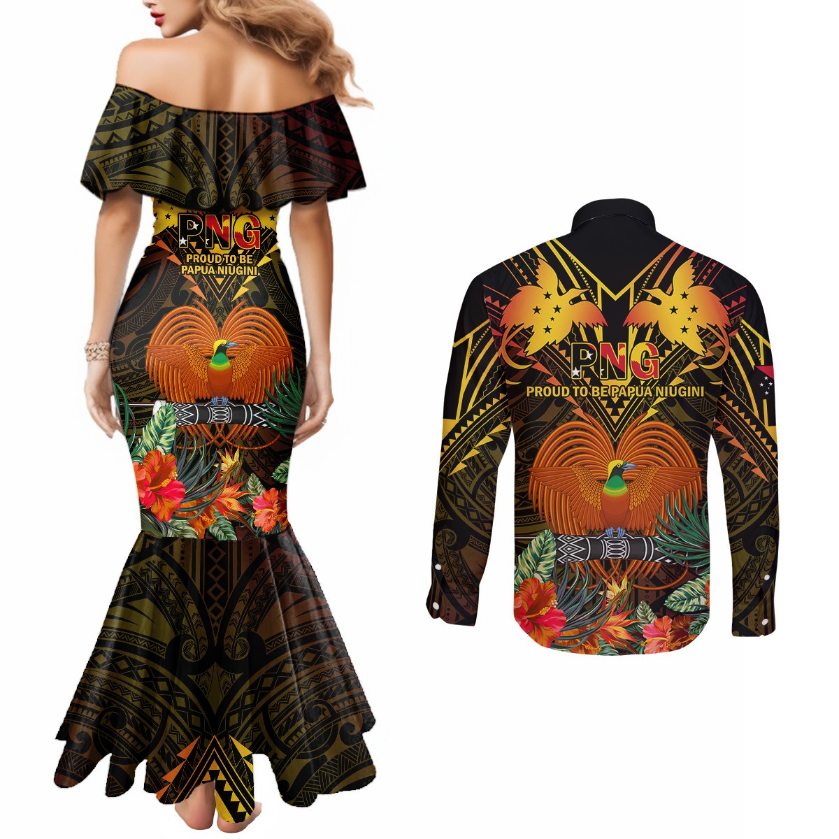 Papua New Guinea East New Britain Province Couples Matching Mermaid Dress and Long Sleeve Button Shirts Papua Niugini Coat Of Arms With Flag Style LT14 - Polynesian Pride