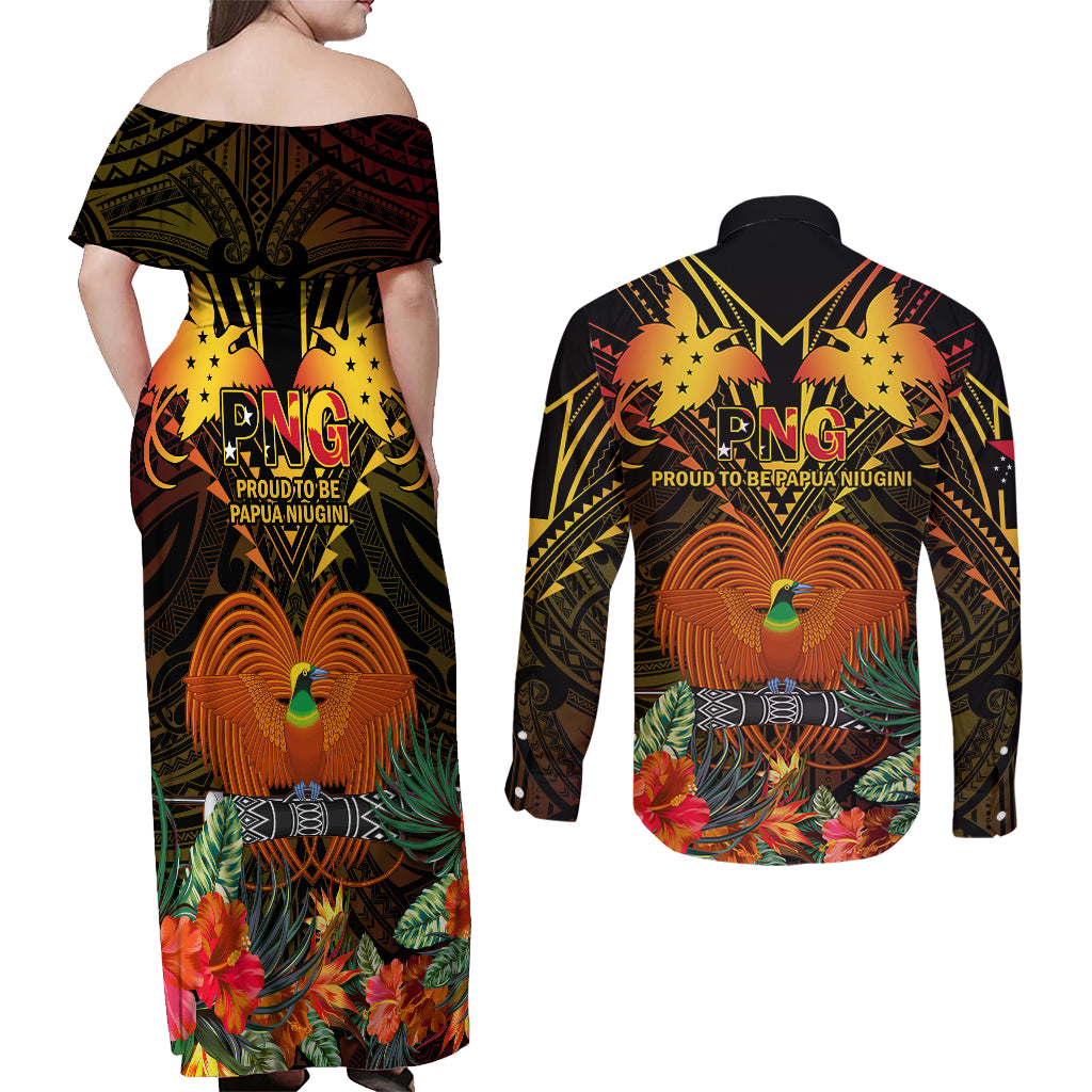 Papua New Guinea East New Britain Province Couples Matching Off Shoulder Maxi Dress and Long Sleeve Button Shirts Papua Niugini Coat Of Arms With Flag Style LT14 - Polynesian Pride