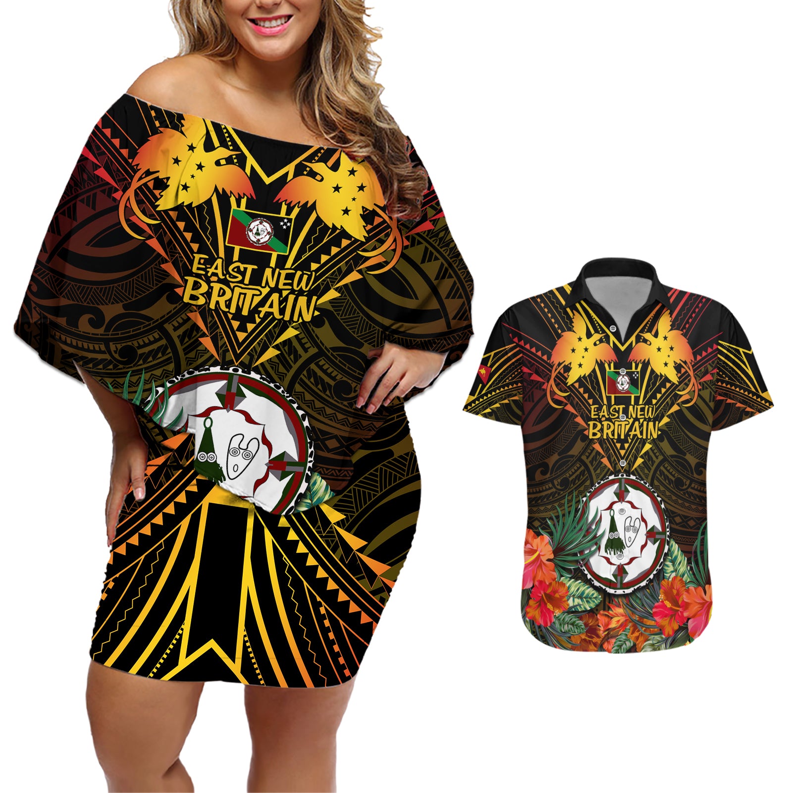 Papua New Guinea East New Britain Province Couples Matching Off Shoulder Short Dress and Hawaiian Shirt Papua Niugini Coat Of Arms With Flag Style LT14 Black - Polynesian Pride