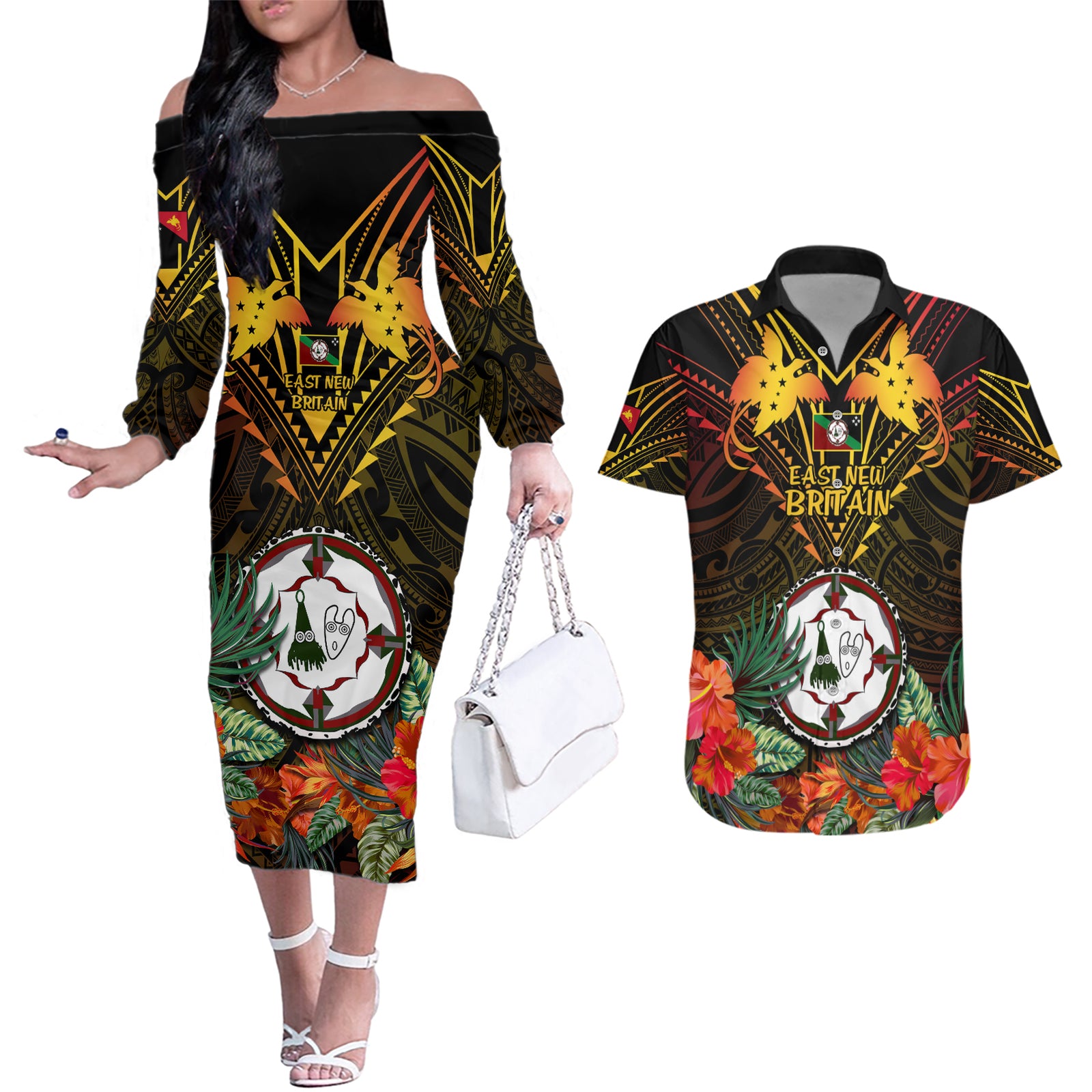 Papua New Guinea East New Britain Province Couples Matching Off The Shoulder Long Sleeve Dress and Hawaiian Shirt Papua Niugini Coat Of Arms With Flag Style LT14 Black - Polynesian Pride