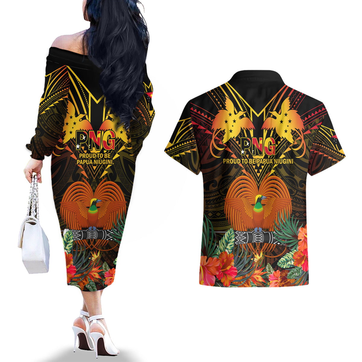 Papua New Guinea East New Britain Province Couples Matching Off The Shoulder Long Sleeve Dress and Hawaiian Shirt Papua Niugini Coat Of Arms With Flag Style LT14 - Polynesian Pride
