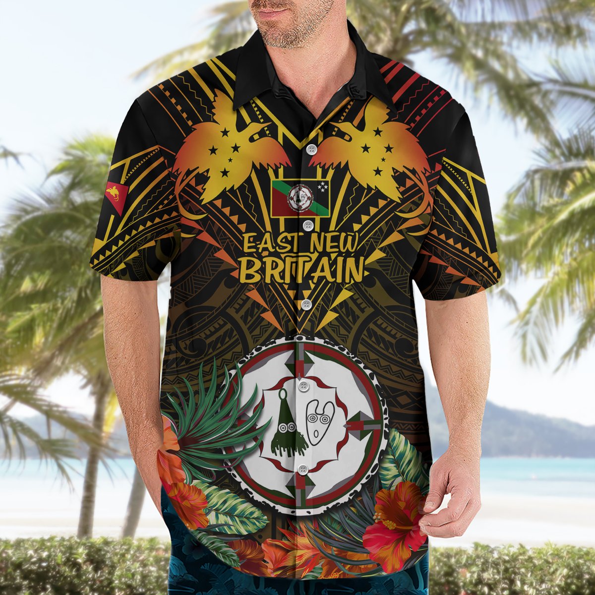Papua New Guinea East New Britain Province Hawaiian Shirt Papua Niugini Coat Of Arms With Flag Style LT14 - Polynesian Pride