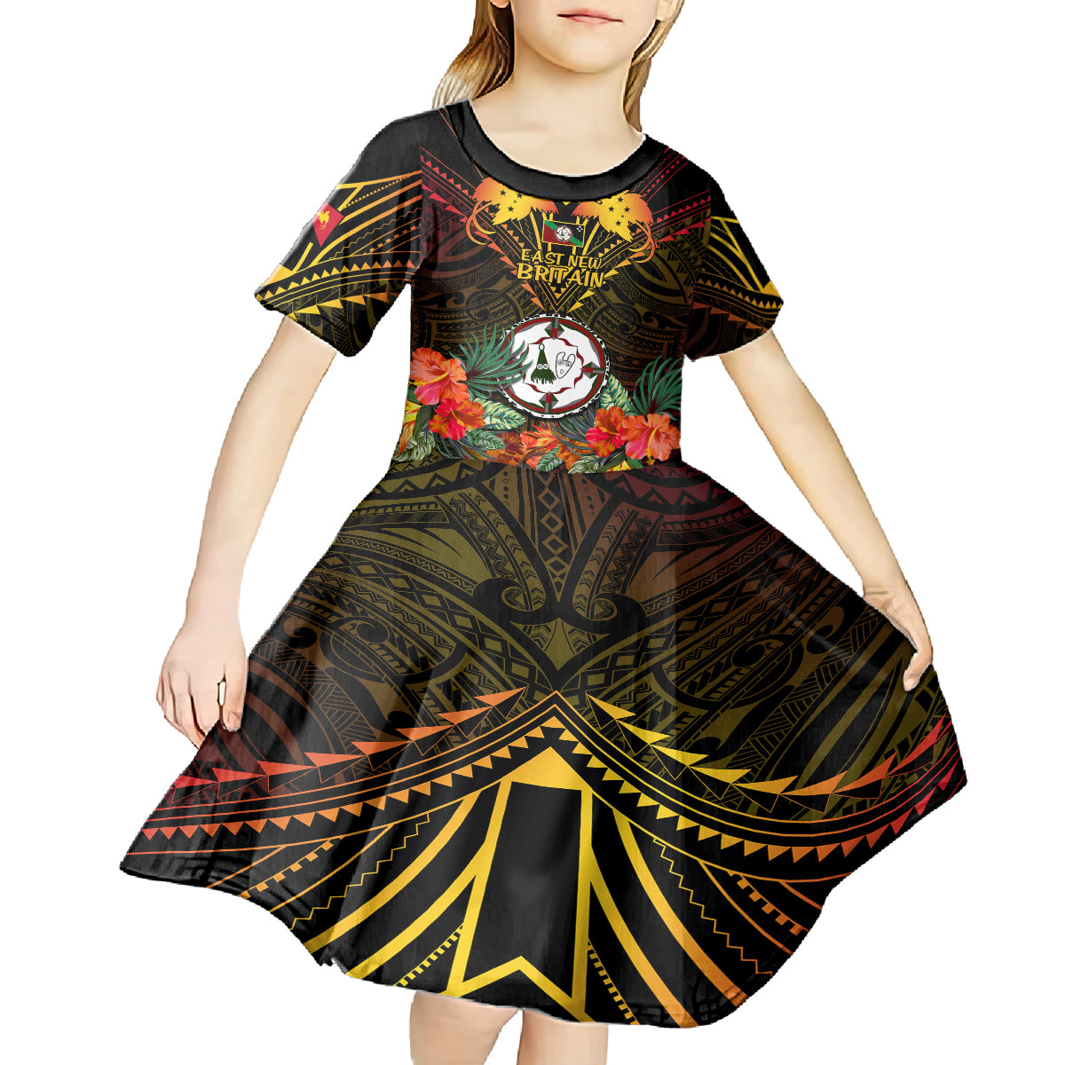 Papua New Guinea East New Britain Province Kid Short Sleeve Dress Papua Niugini Coat Of Arms With Flag Style LT14 - Polynesian Pride