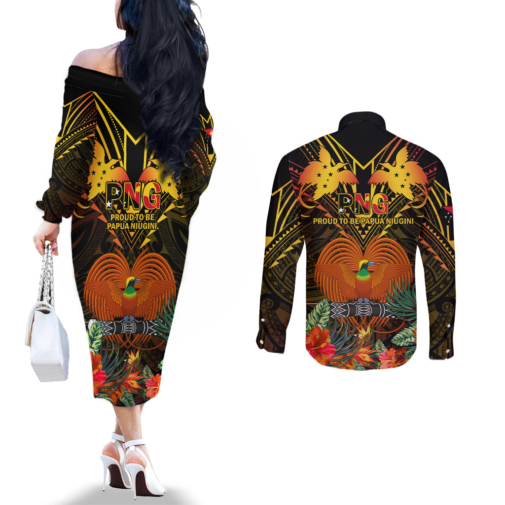 Papua New Guinea Western Province Couples Matching Off The Shoulder Long Sleeve Dress and Long Sleeve Button Shirts Papua Niugini Coat Of Arms With Flag Style LT14 - Polynesian Pride