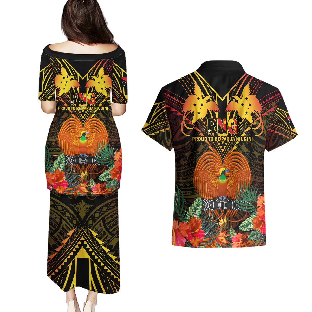 Papua New Guinea Western Province Couples Matching Puletasi Dress and Hawaiian Shirt Papua Niugini Coat Of Arms With Flag Style LT14 - Polynesian Pride