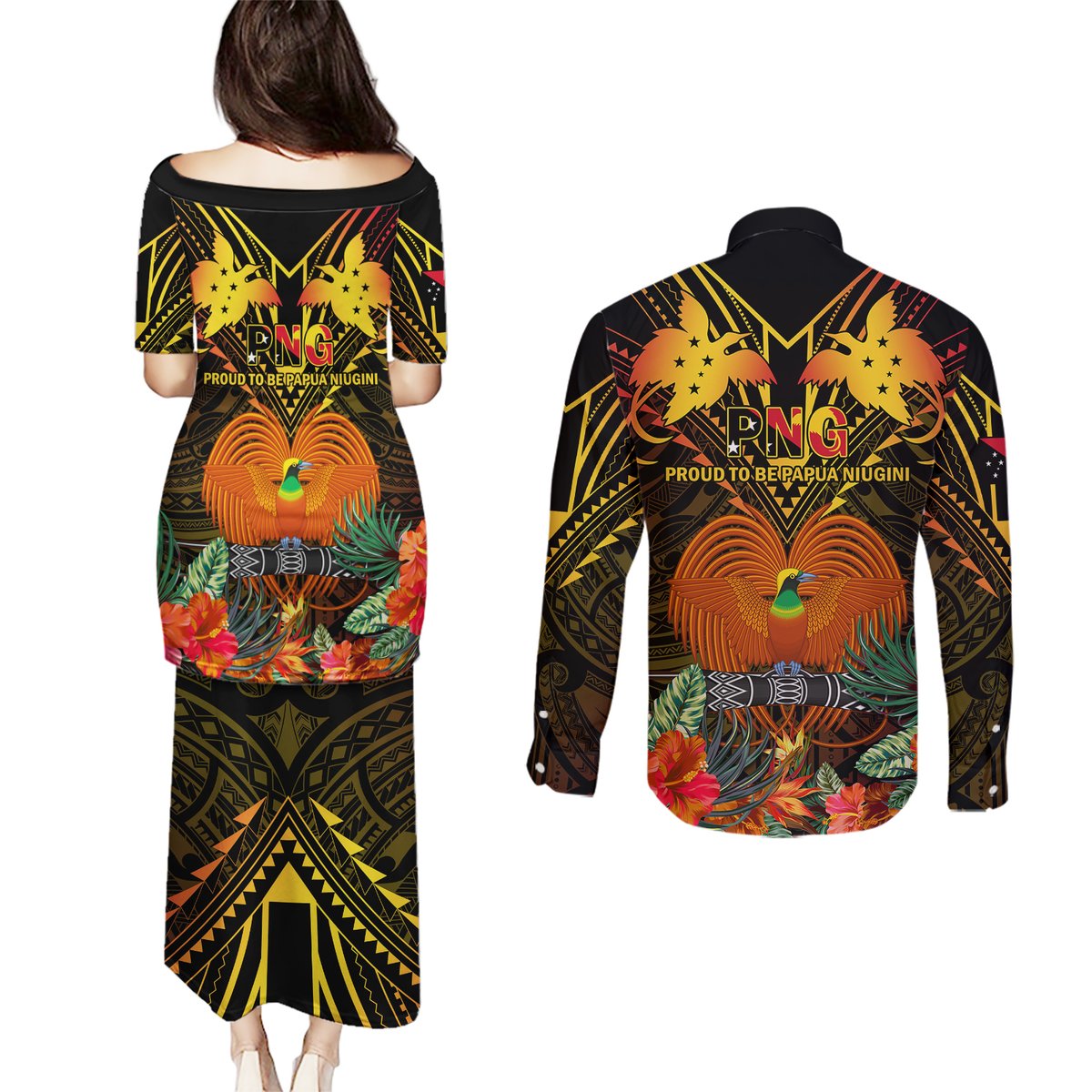 Papua New Guinea Western Province Couples Matching Puletasi Dress and Long Sleeve Button Shirts Papua Niugini Coat Of Arms With Flag Style LT14 - Polynesian Pride