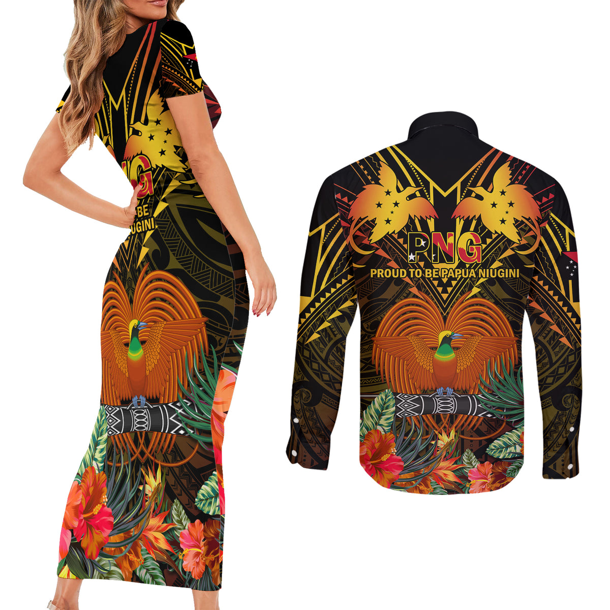 Papua New Guinea Western Province Couples Matching Short Sleeve Bodycon Dress and Long Sleeve Button Shirts Papua Niugini Coat Of Arms With Flag Style LT14 - Polynesian Pride