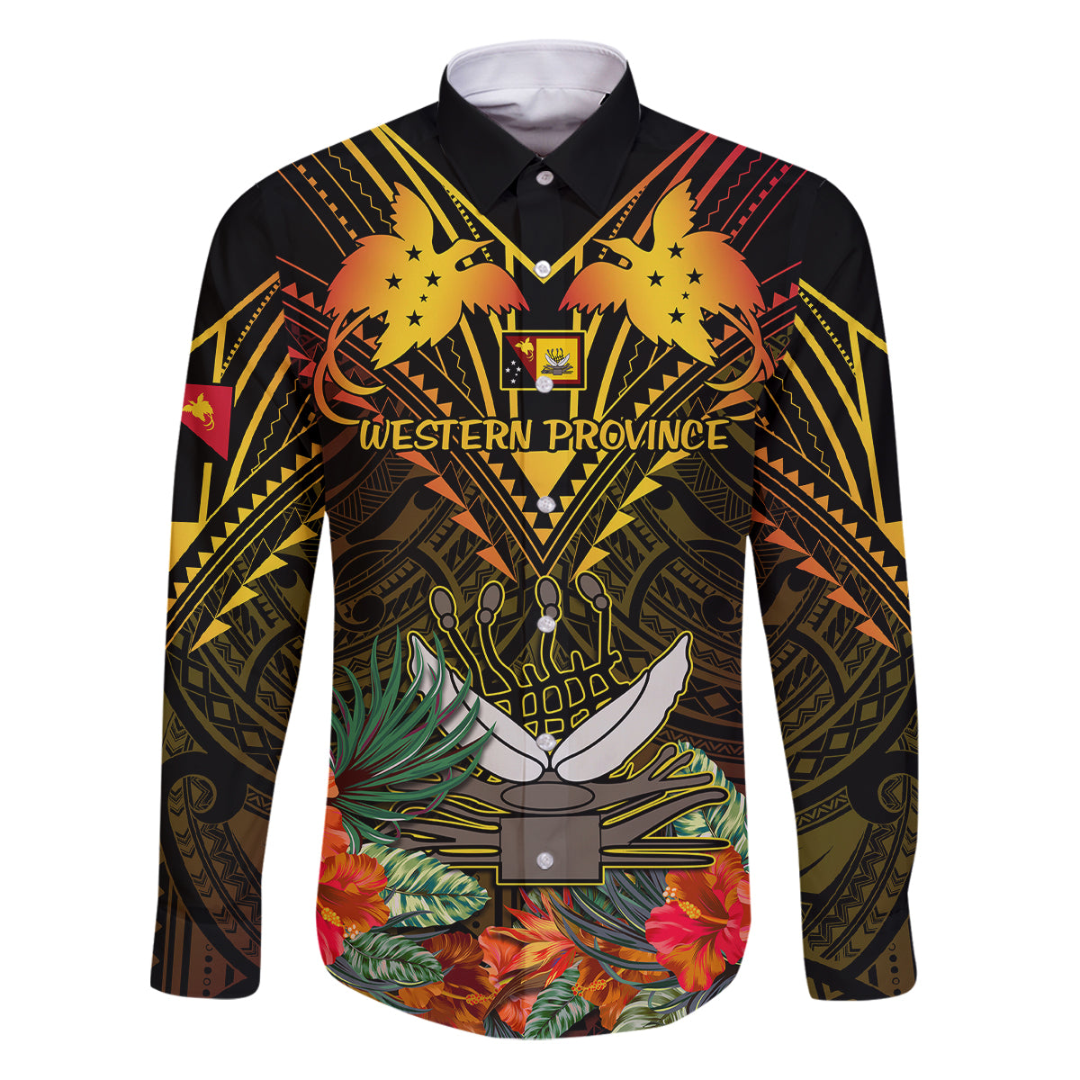 Papua New Guinea Western Province Family Matching Puletasi Dress and Hawaiian Shirt Papua Niugini Coat Of Arms With Flag Style LT14 Dad's Shirt - Long Sleeve Black - Polynesian Pride
