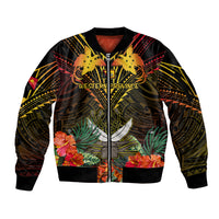 Papua New Guinea Western Province Sleeve Zip Bomber Jacket Papua Niugini Coat Of Arms With Flag Style LT14 Unisex Black - Polynesian Pride