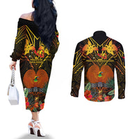 Papua New Guinea Southern Highlands Province Couples Matching Off The Shoulder Long Sleeve Dress and Long Sleeve Button Shirts Papua Niugini Coat Of Arms With Flag Style LT14 - Polynesian Pride