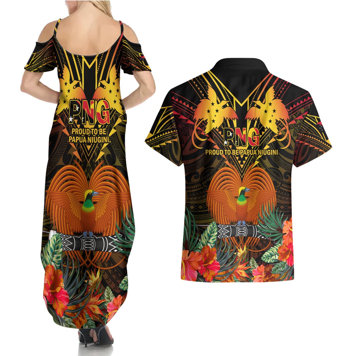 Papua New Guinea Southern Highlands Province Couples Matching Summer Maxi Dress and Hawaiian Shirt Papua Niugini Coat Of Arms With Flag Style LT14 - Polynesian Pride