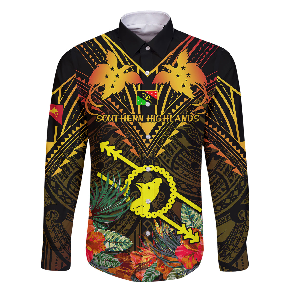 Papua New Guinea Southern Highlands Province Family Matching Puletasi Dress and Hawaiian Shirt Papua Niugini Coat Of Arms With Flag Style LT14 Dad's Shirt - Long Sleeve Black - Polynesian Pride