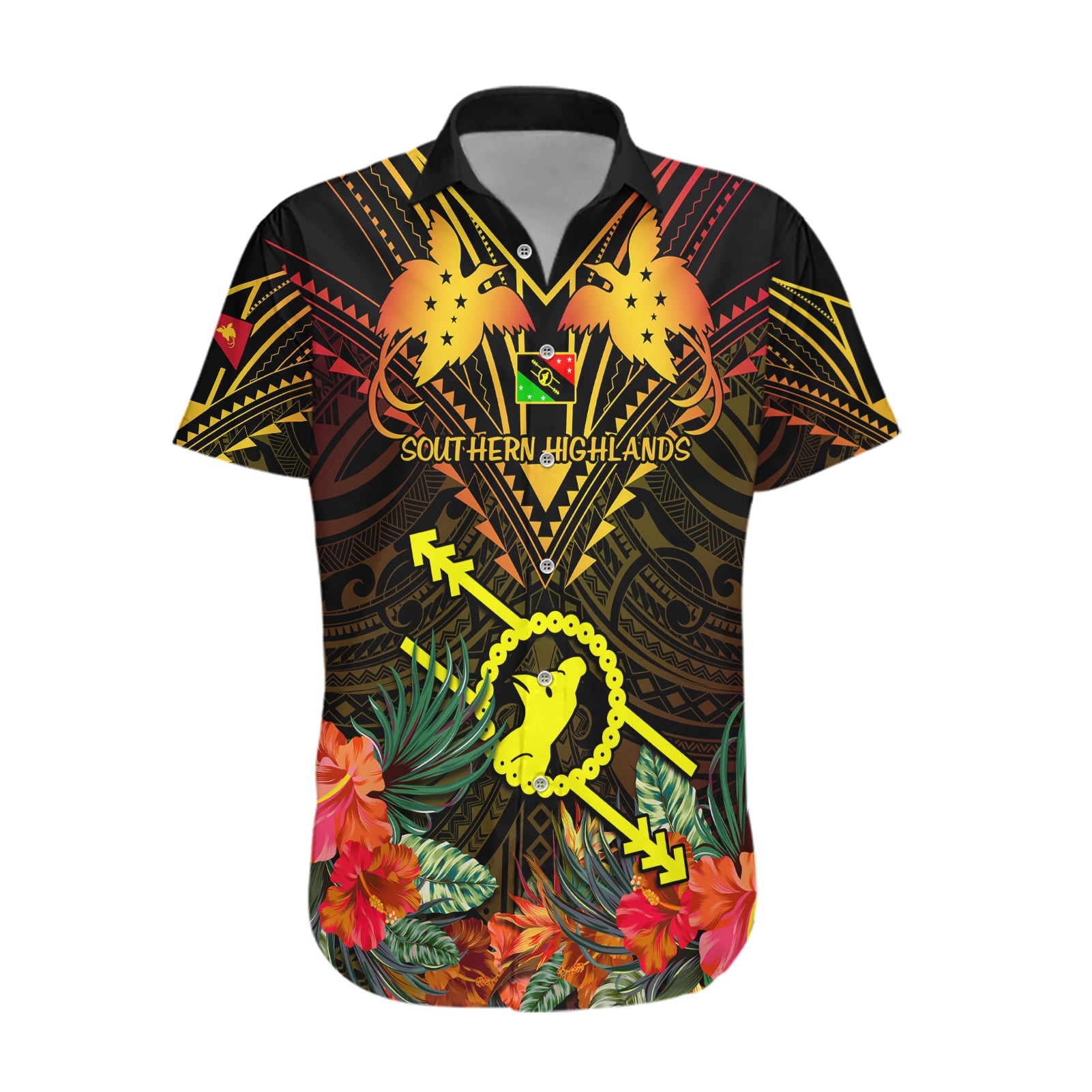 Papua New Guinea Southern Highlands Province Hawaiian Shirt Papua Niugini Coat Of Arms With Flag Style LT14 Black - Polynesian Pride