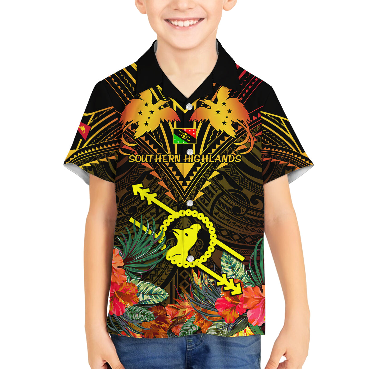 Papua New Guinea Southern Highlands Province Kid Hawaiian Shirt Papua Niugini Coat Of Arms With Flag Style LT14 - Polynesian Pride