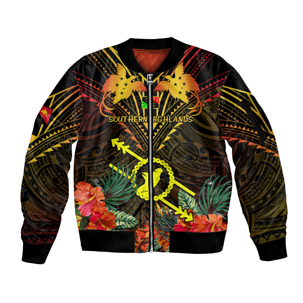Papua New Guinea Southern Highlands Province Sleeve Zip Bomber Jacket Papua Niugini Coat Of Arms With Flag Style LT14 Unisex Black - Polynesian Pride
