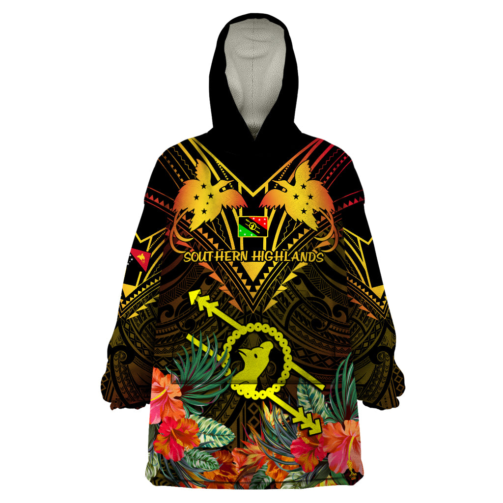 Papua New Guinea Southern Highlands Province Wearable Blanket Hoodie Papua Niugini Coat Of Arms With Flag Style LT14 One Size Black - Polynesian Pride