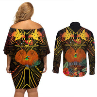 papua-new-guinea-manus-province-couples-matching-off-shoulder-short-dress-and-long-sleeve-button-shirts-papua-niugini-coat-of-arms-with-flag-style