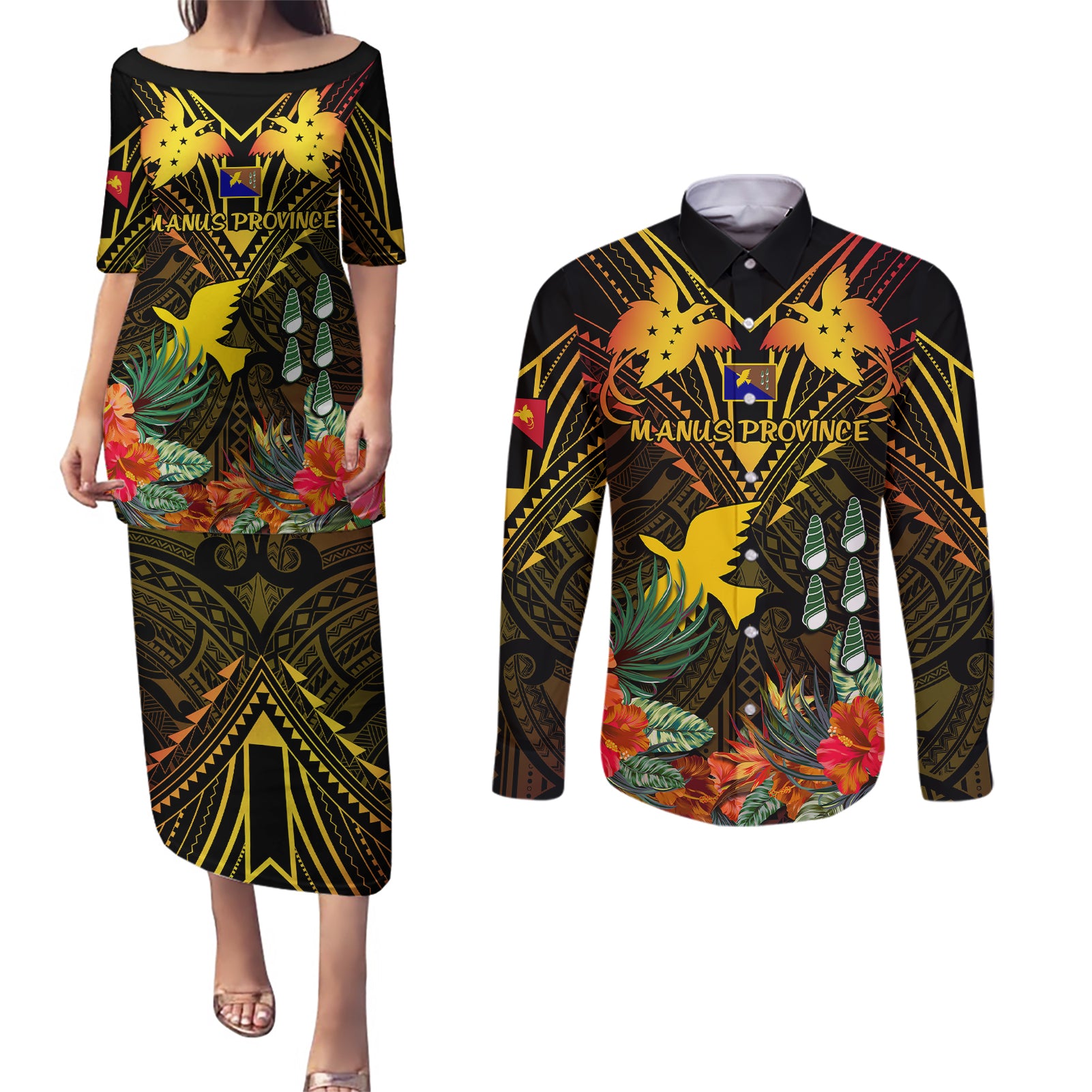 papua-new-guinea-manus-province-couples-matching-puletasi-dress-and-long-sleeve-button-shirts-papua-niugini-coat-of-arms-with-flag-style