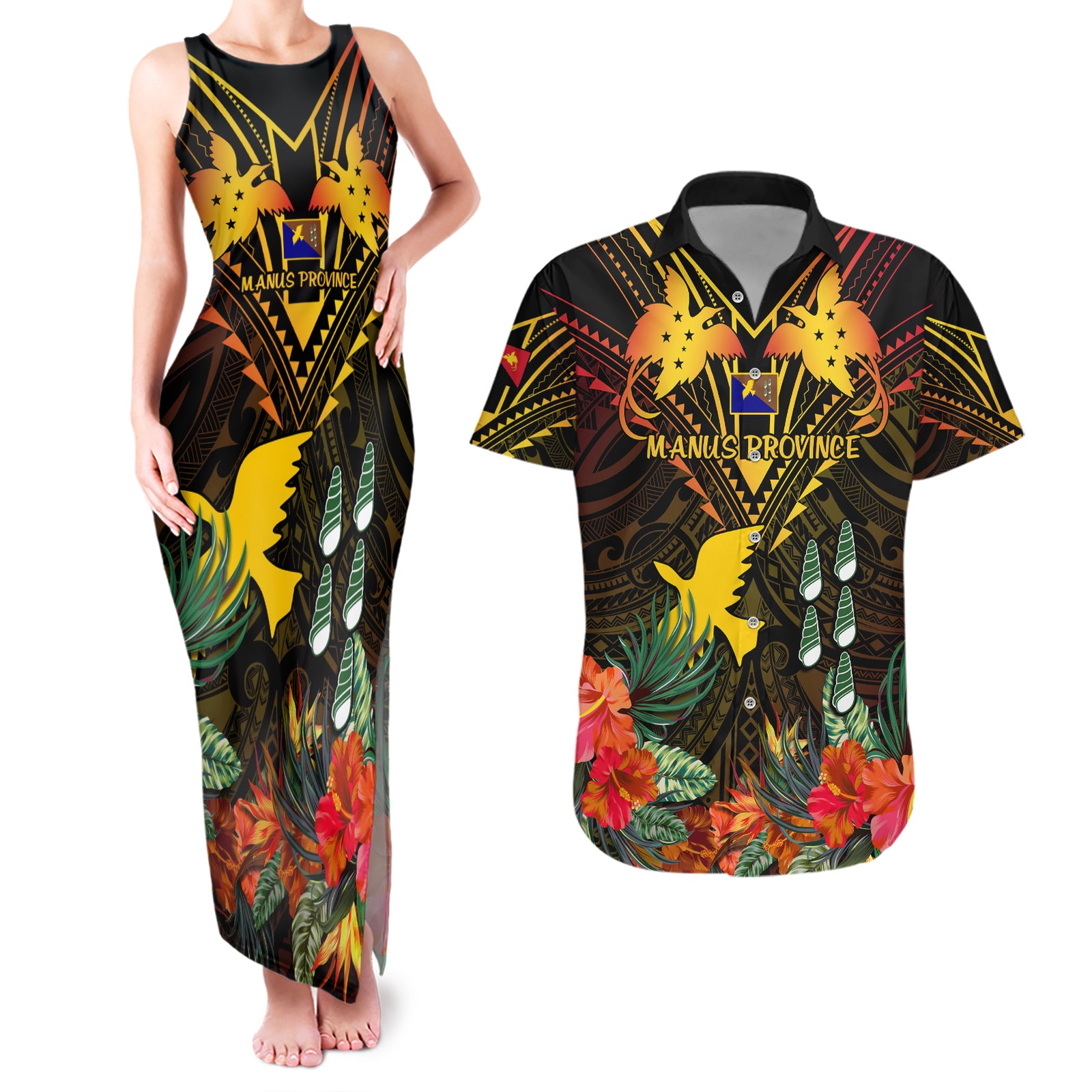 Papua New Guinea Manus Province Couples Matching Tank Maxi Dress and Hawaiian Shirt Papua Niugini Coat Of Arms With Flag Style LT14 Black - Polynesian Pride