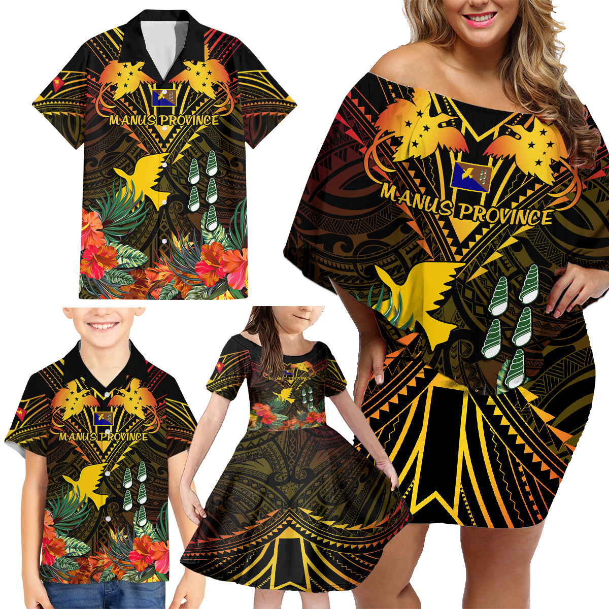 Papua New Guinea Manus Province Family Matching Off Shoulder Short Dress and Hawaiian Shirt Papua Niugini Coat Of Arms With Flag Style LT14 - Polynesian Pride