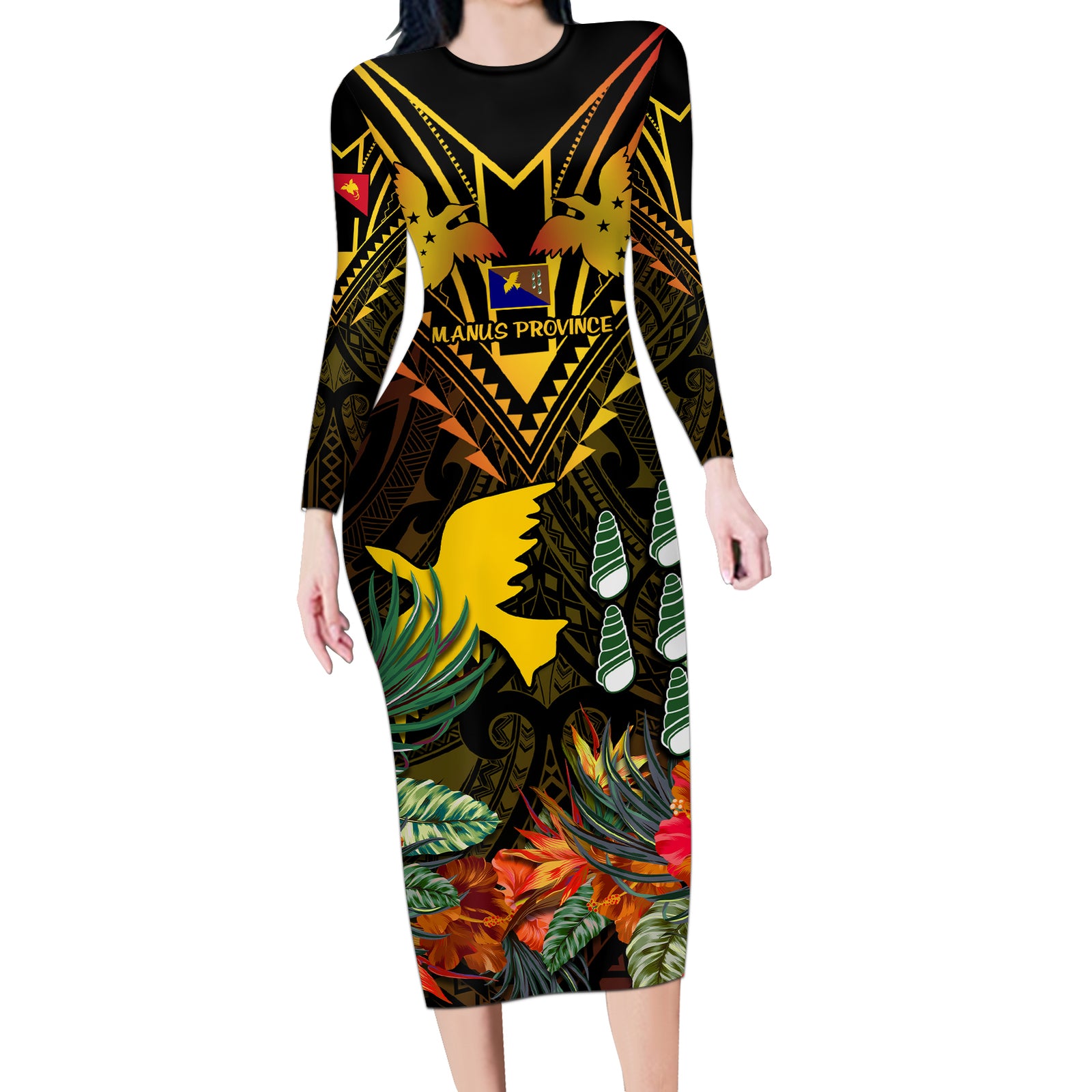 Papua New Guinea Manus Province Long Sleeve Bodycon Dress Papua Niugini Coat Of Arms With Flag Style LT14 Long Dress Black - Polynesian Pride