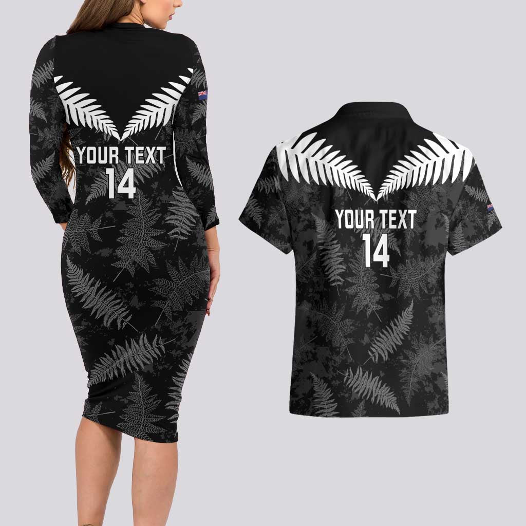 Custom New Zealand Silver Fern Football Couples Matching Long Sleeve Bodycon Dress and Hawaiian Shirt Go Aotearoa Grunge Black - Polynesian Pride