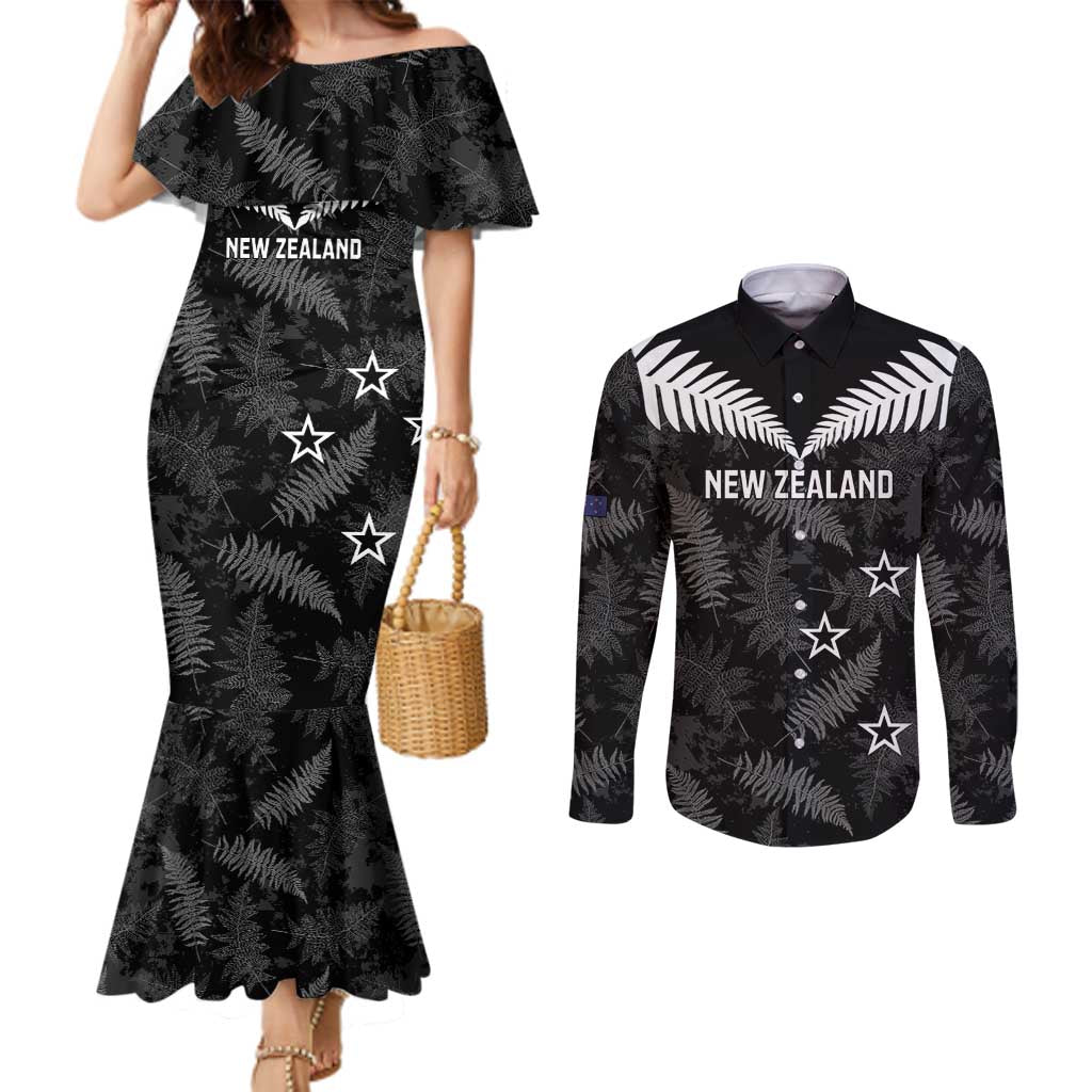 Custom New Zealand Silver Fern Football Couples Matching Mermaid Dress and Long Sleeve Button Shirt Go Aotearoa Grunge Black - Polynesian Pride