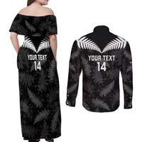 Custom New Zealand Silver Fern Football Couples Matching Off Shoulder Maxi Dress and Long Sleeve Button Shirt Go Aotearoa Grunge Black - Polynesian Pride