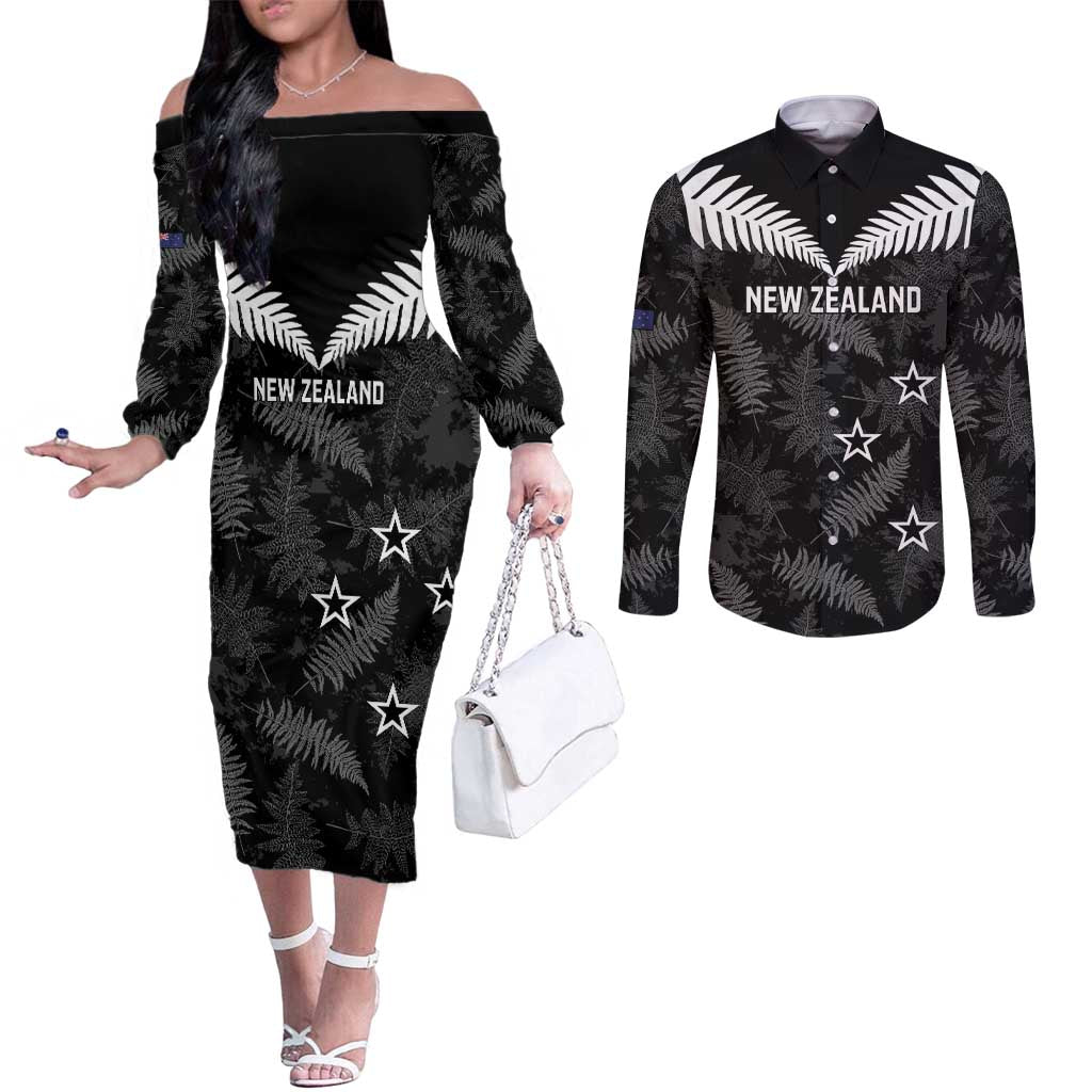 Custom New Zealand Silver Fern Football Couples Matching Off The Shoulder Long Sleeve Dress and Long Sleeve Button Shirt Go Aotearoa Grunge Black - Polynesian Pride