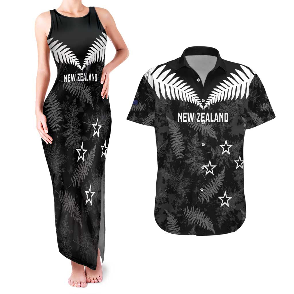 Custom New Zealand Silver Fern Football Couples Matching Tank Maxi Dress and Hawaiian Shirt Go Aotearoa Grunge Black - Polynesian Pride