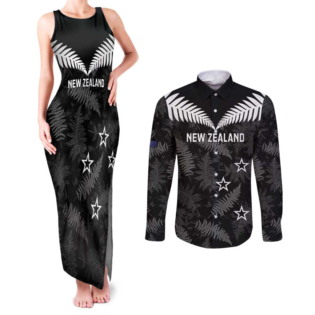 Custom New Zealand Silver Fern Football Couples Matching Tank Maxi Dress and Long Sleeve Button Shirt Go Aotearoa Grunge Black - Polynesian Pride